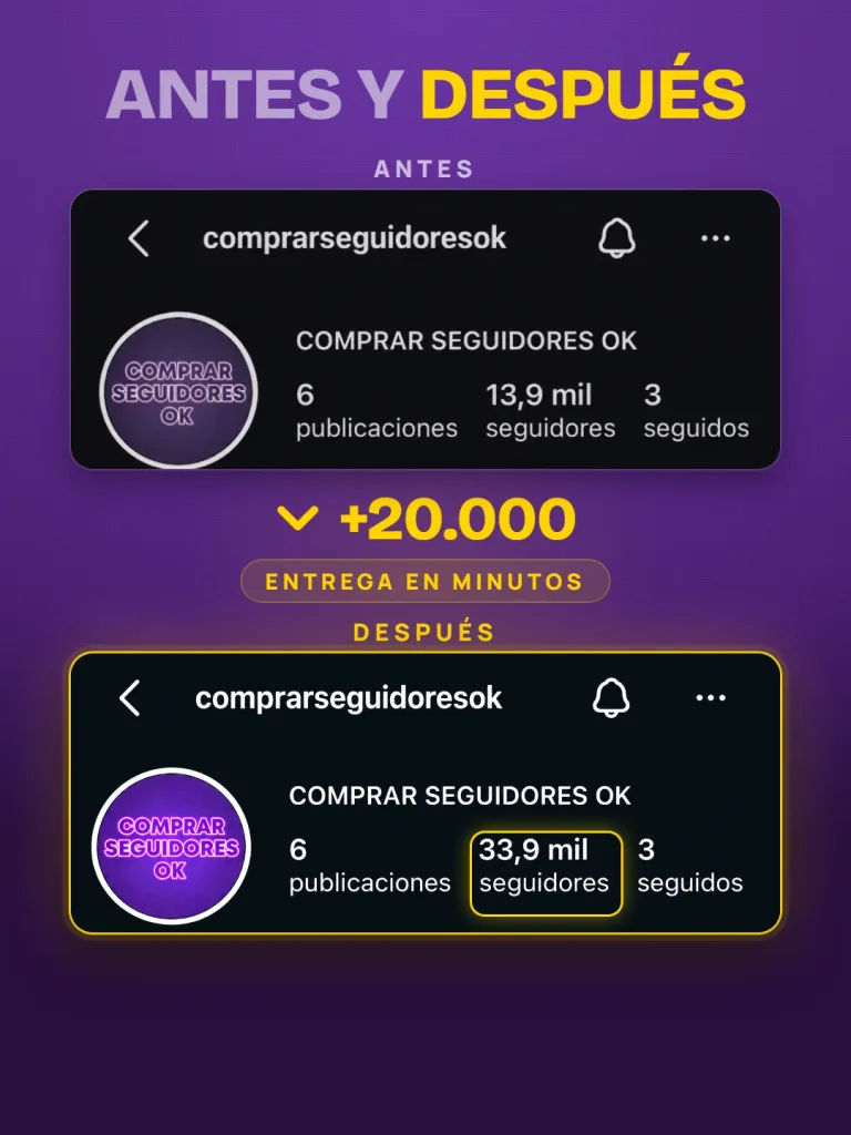 Antes y después de la cuenta de Instagram @comprarseguidoresok: pasó de 13,9 mil a 33,9 mil seguidores, +20.000 con entrega en minutos